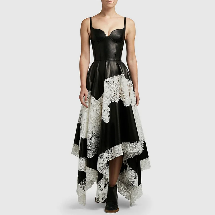 Fashion PU Leather Lace Patchwork Asymmetrical Hem Cami Maxi Dress