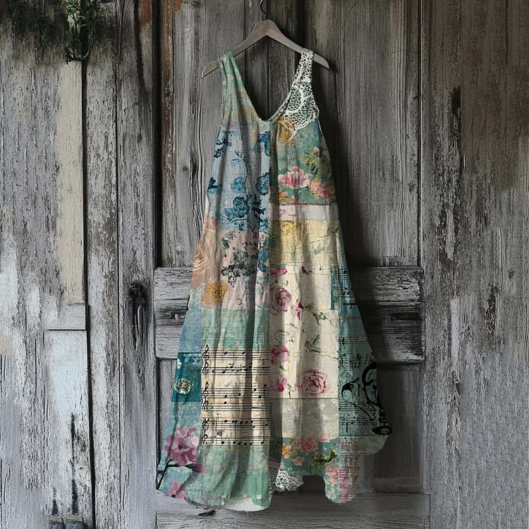 Vintage Floral Patchwork Linen Blend Tank Dress