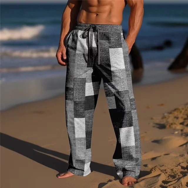 Men's Slant Pocket Drawstring Plaid Pattern Casual Pants