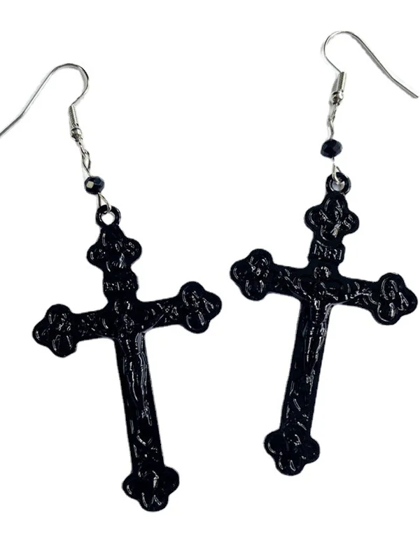Vintage Dark Goth Carved Cross Pendants Earrings & Necklace