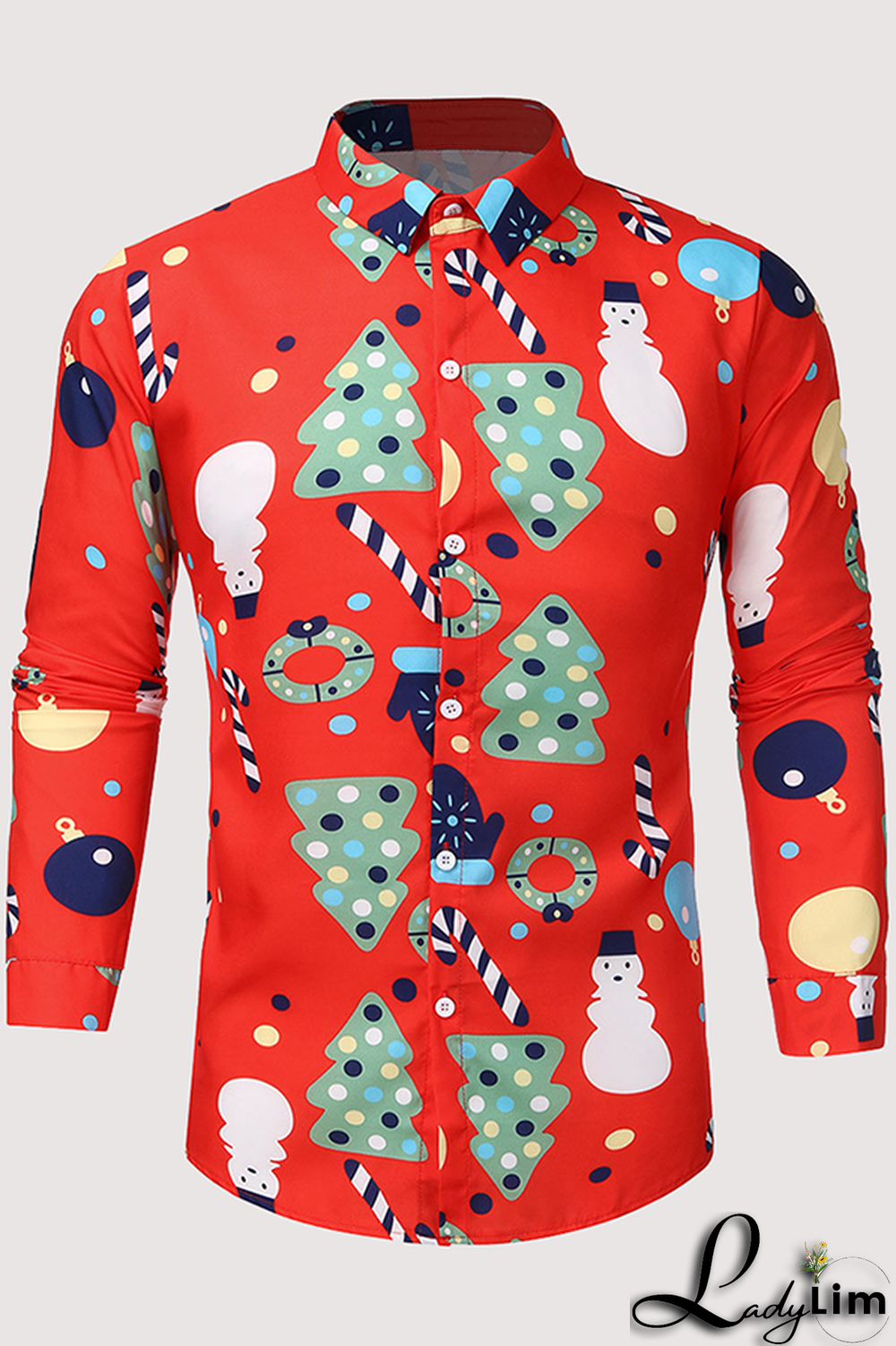 Red Fashion Street Christmas Tree Printed Snowman Printed Split Joint Buckle Turndown Collar Tops