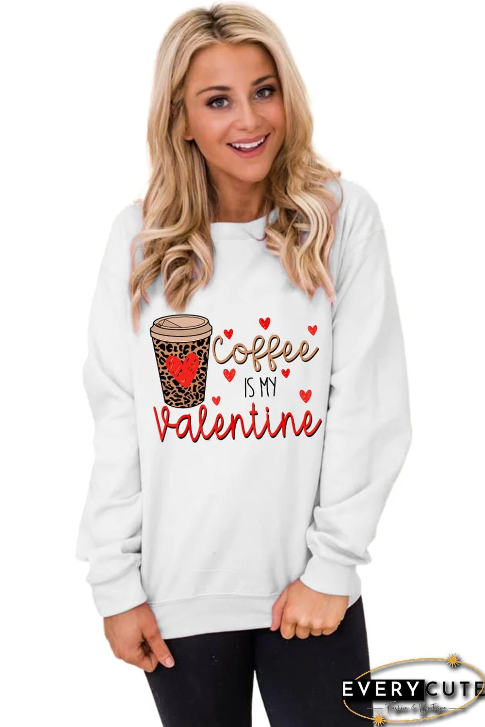 Letter Leopard Heart Graphic Print Long Sleeve Pullover Sweatshirt