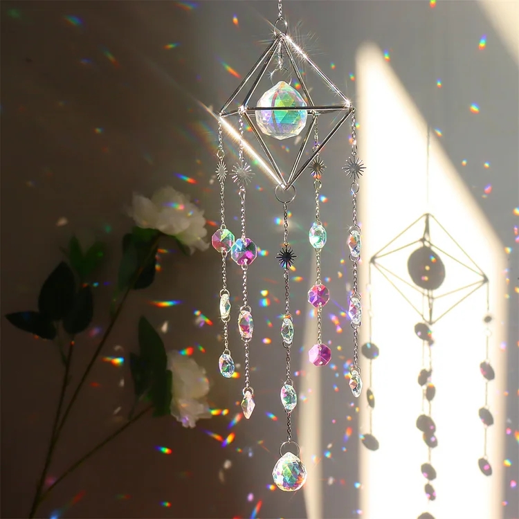 Crystal Wind Chimes Metal Prism Light Catcher Curtain Car Home Decor (A)