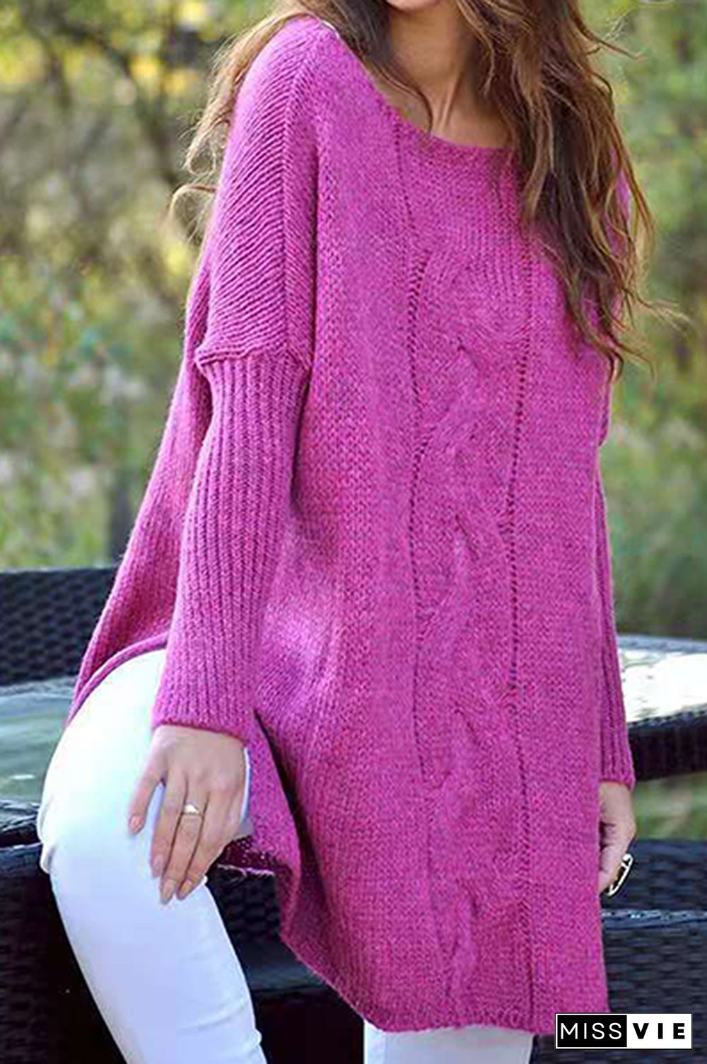 Casual Solid Slit O Neck Tops Sweater