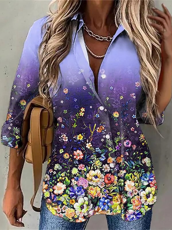 Women 3/4 Sleeve Shirt Collar Floral Printed Gradient Button Top Shirts