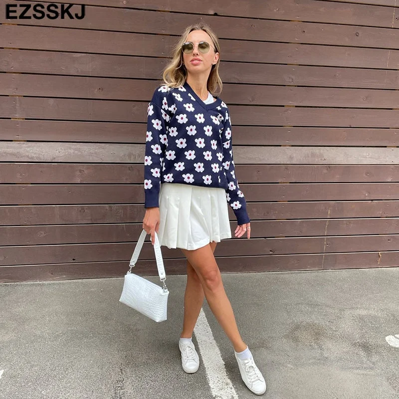oversize blue floral Sweater Pullovers Women winter autumn thick v-neck chic 2021 sweater long sleeve sweater top