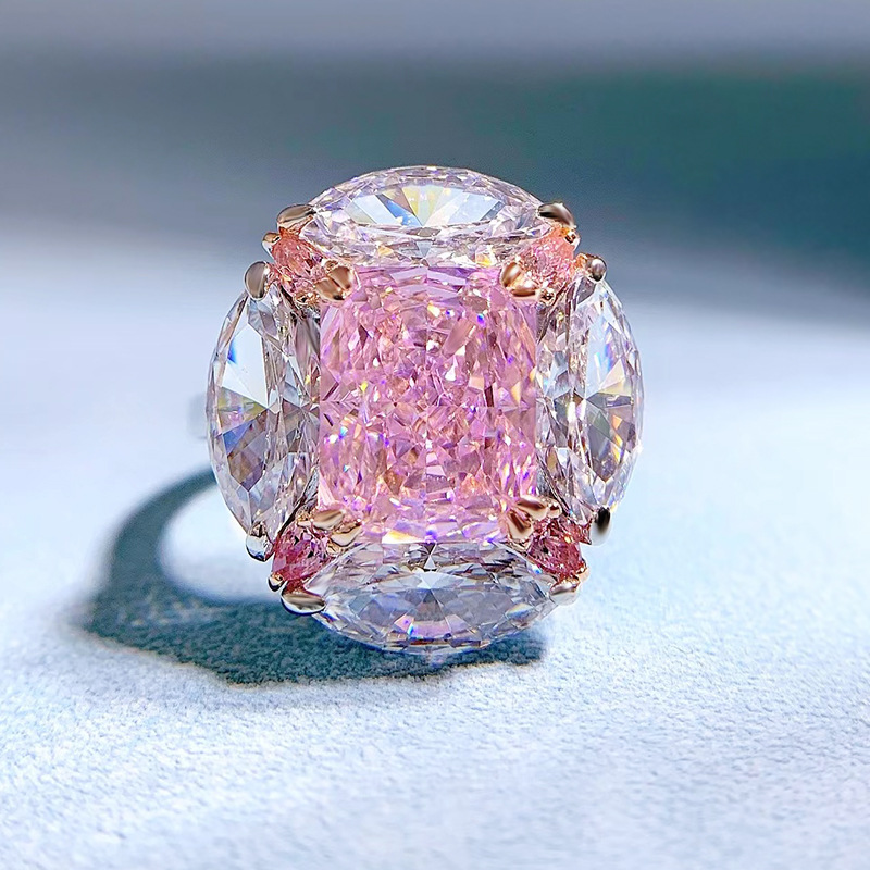 MIKAMU Jewelry S925 Silver 8*10 Bubblegum Pink Diamond Ring for Women - Vibrant and Stylish Statement Piece