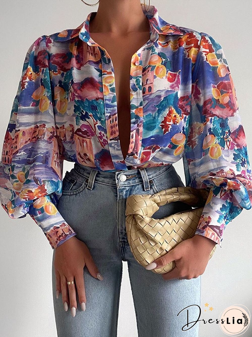 Fashion Retro Printed Pattern Button Blouses Tops Women Spring Commute Blusas Mujer New