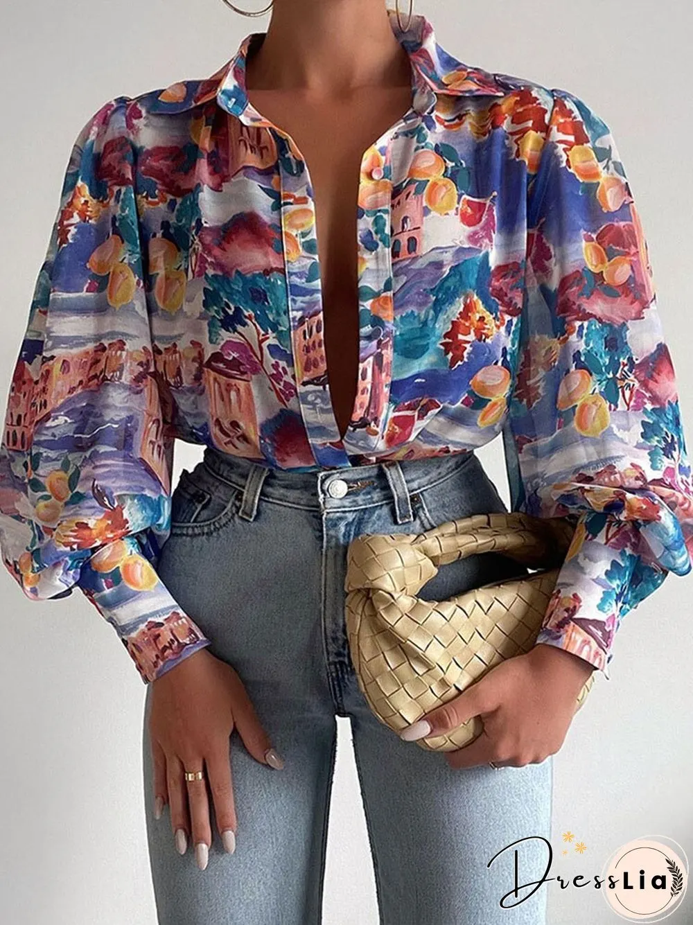 Fashion Retro Printed Pattern Button Blouses Tops Women Spring Commute Blusas Mujer New