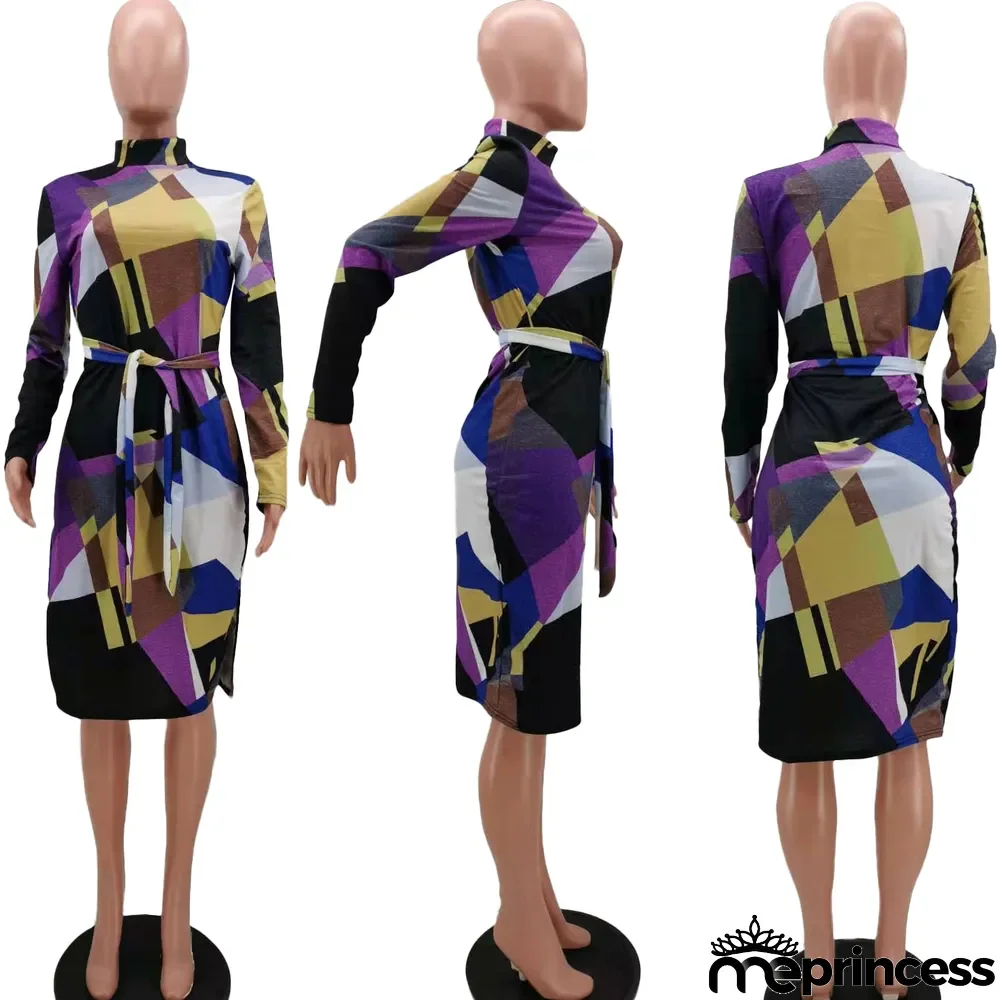 Sexy Printed Long Sleeve Split Sashes Midi Dress