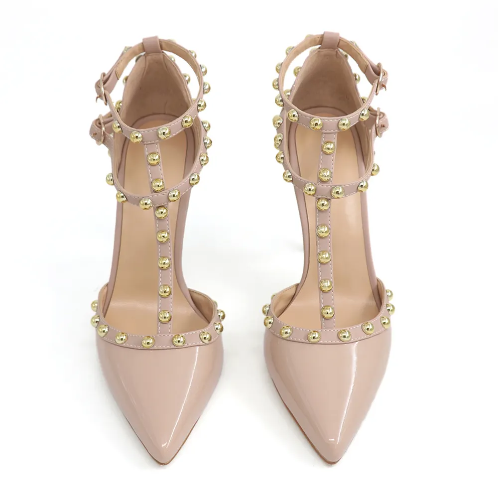 3.94&ldquo; Womens Pointed Toe Pumps Golden Round Rivets Ankle Strap Nude Patent Sandals-vocosishoes