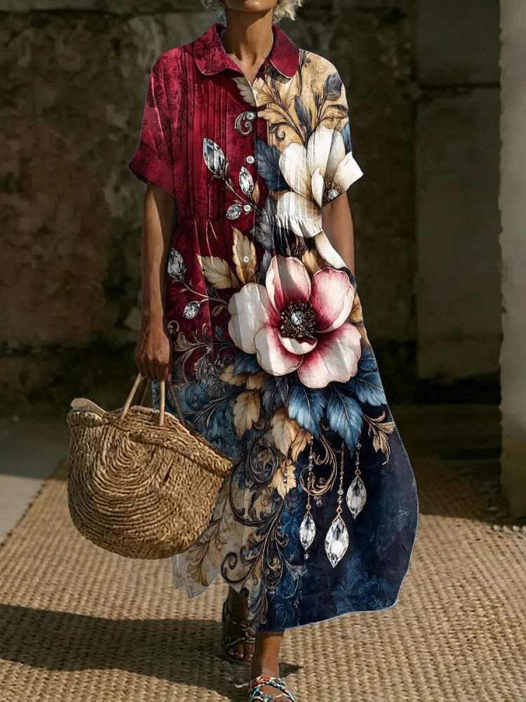 Women's Vintage Floral Art Print Casual Short Sleeve Small Collared Linen Dress