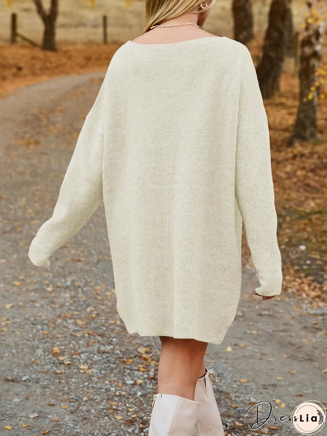 V-Neck Dropped Shoulder Sweater Dress