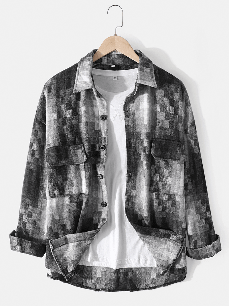 Mens Plaid Button up Lapel Cotton Double Pocket Loose Overshirt