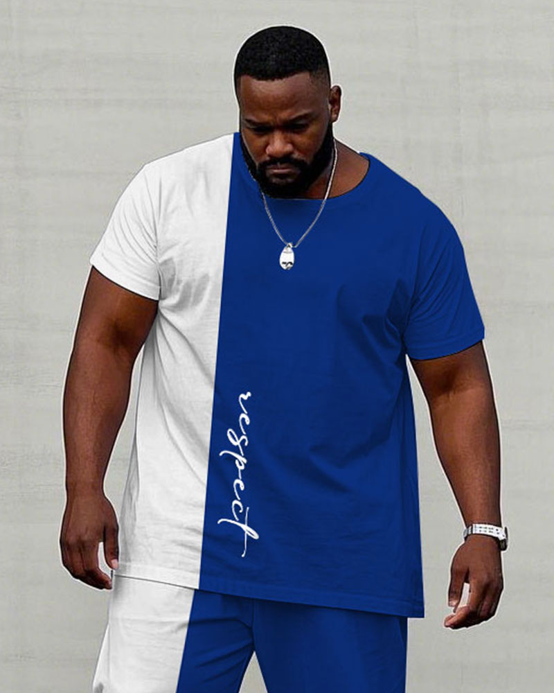 Big & Tall Men's Summer White & Blue Colorblock Handwritten Respect Slogan Printed Short Sleeve T-Shirt Pants Suit