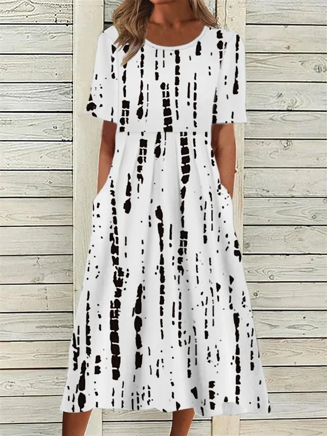 Women Short Sleeve Scoop Neck Floral Printed Polka Dot Graphic Midi Dress