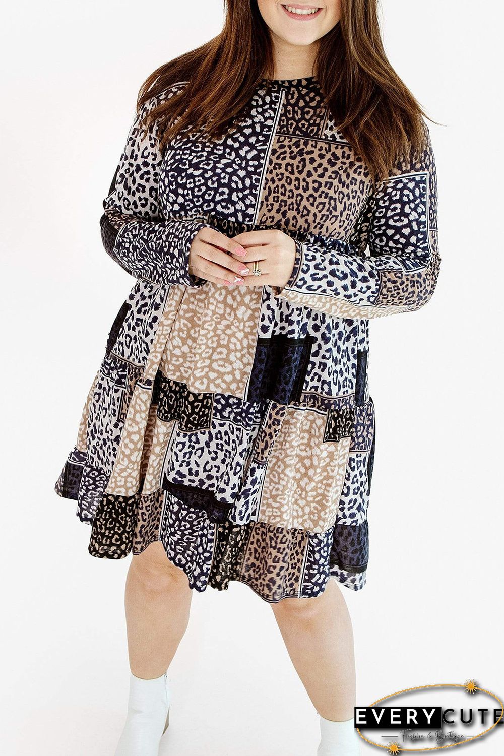 Plus Size Long Sleeve Mixed Leopard Dress