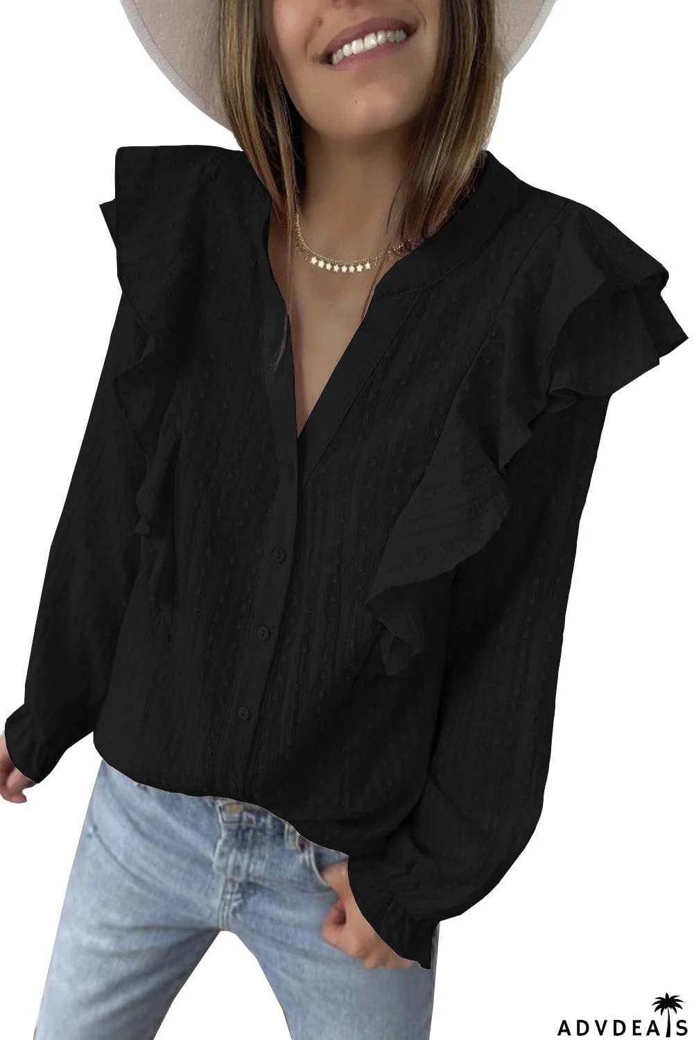 Dotted Texture Sheer Ruffles Bubble Sleeves Shirt