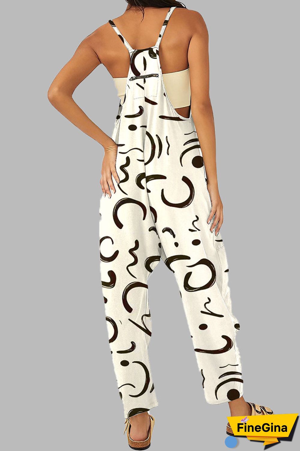 Black khaki Casual Gradual Change Print Patchwork Pocket Zipper Spaghetti Strap Loose Jumpsuits