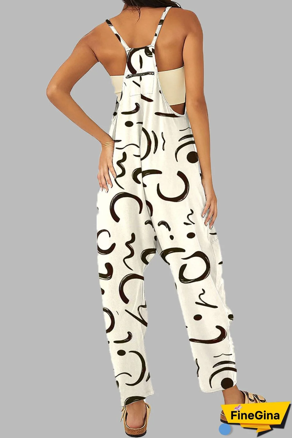 Black khaki Casual Gradual Change Print Patchwork Pocket Zipper Spaghetti Strap Loose Jumpsuits