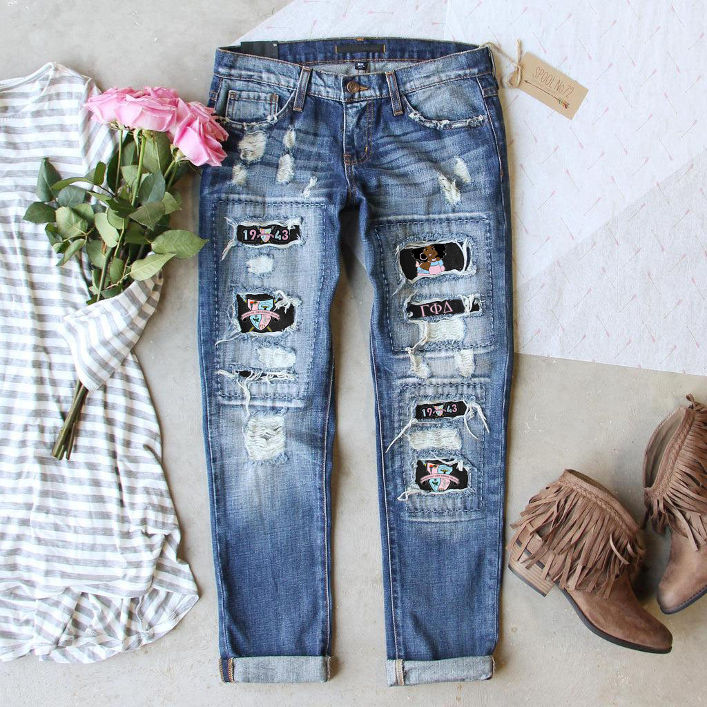 Fashionable Retro Distressed Printed Jeans