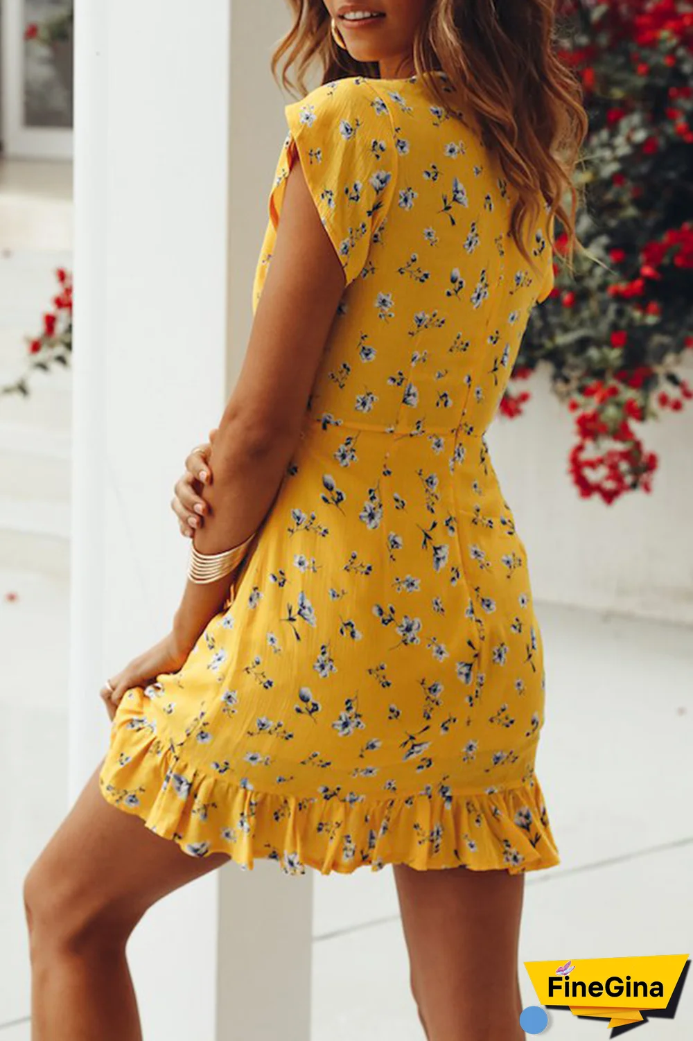 Street Print Frenulum V Neck Waist Skirt Dresses