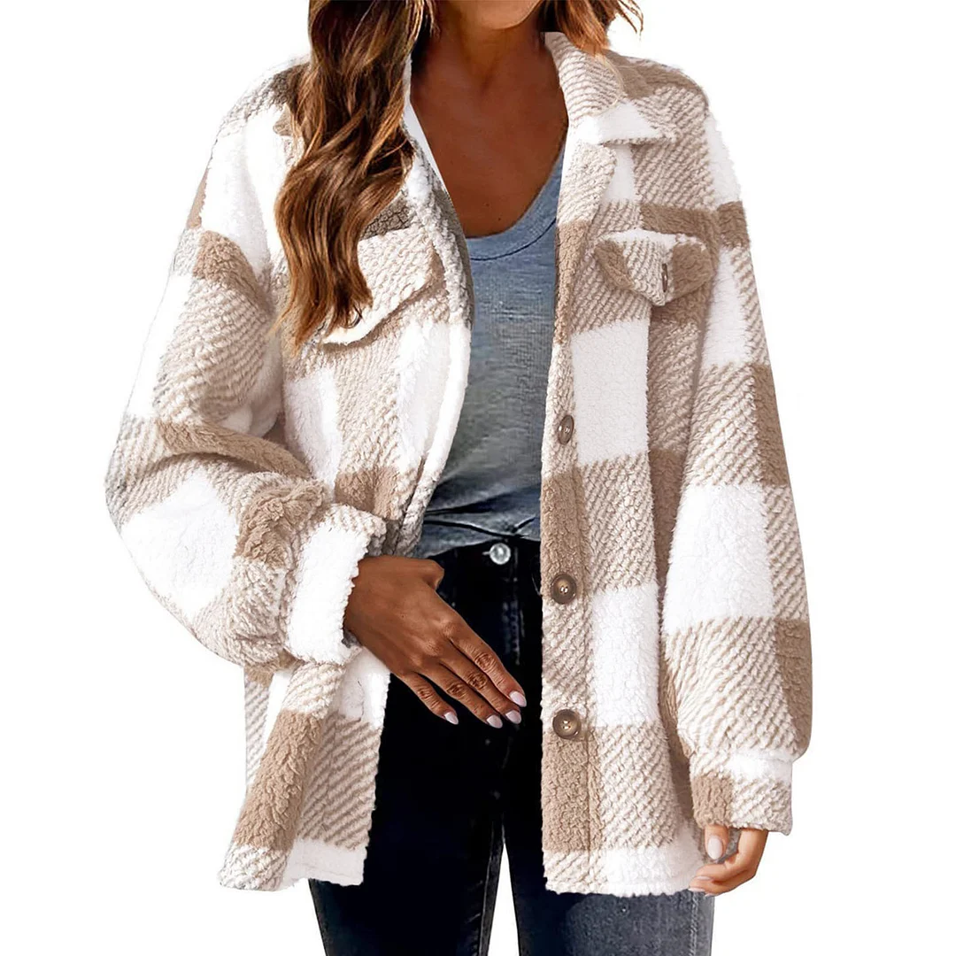 Uveng Uveng Women's 2025 New Autumn And Winter With Pocket Lattice Lamb Jacket Button Plush Jacket