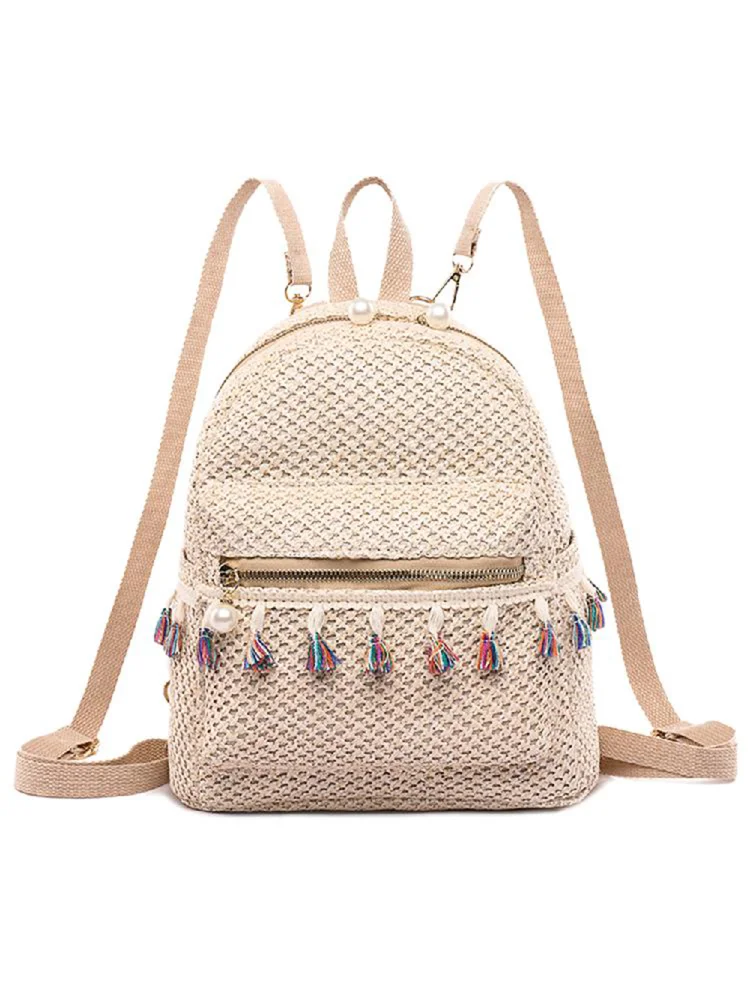 Straw Women Backpack Weave Tassel Summer Beach Shoulder School Bag (Beige)