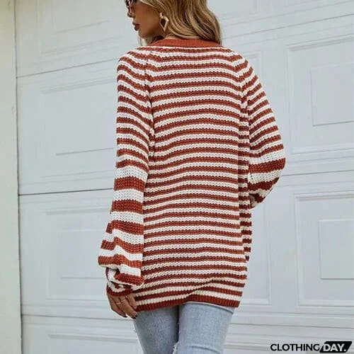 Striped Button Down Long Sleeve Cardigan