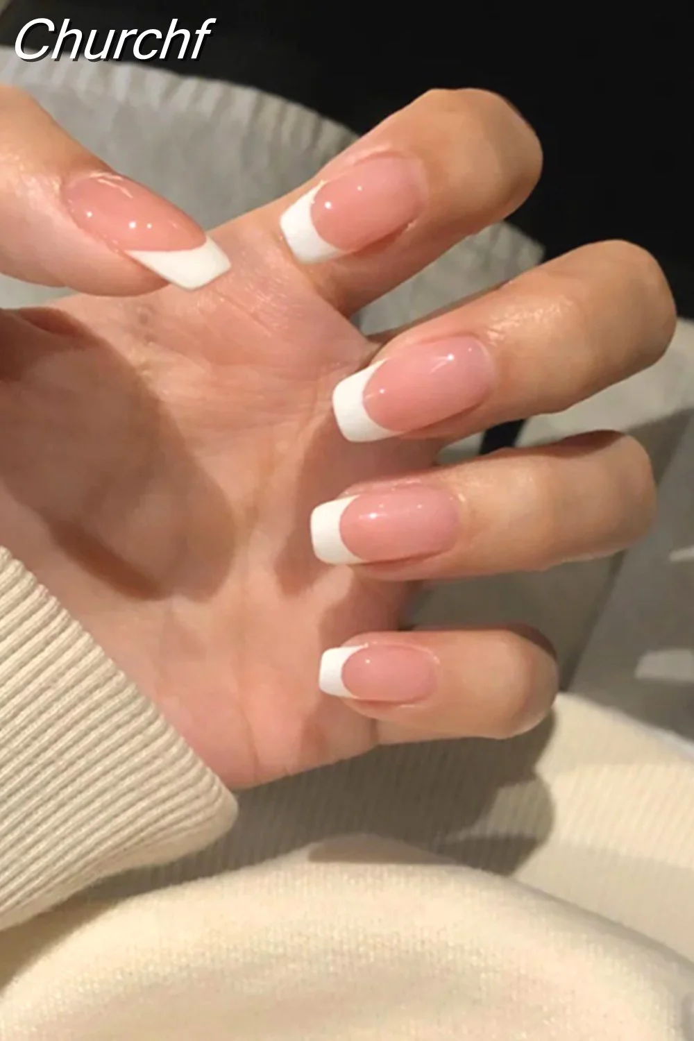 Churchf French White Side False Nails Wearable Rhinestone Desgin Fake Nails Short Simple Nail Full Cover Nail Tips Press On Nails-Nail Inspo