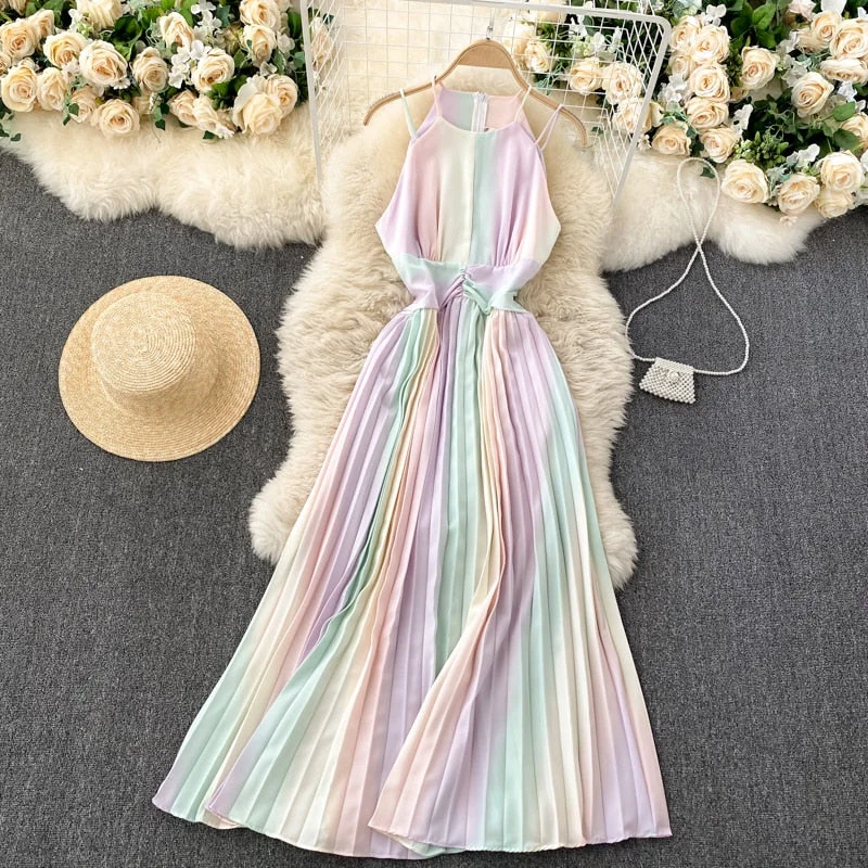 Long Dresses For Women 2021 Gradient Color Vacation Boho Beach Summer Dress Sleeveless Halter Spaghetti Strap Sexy Pleated Dress