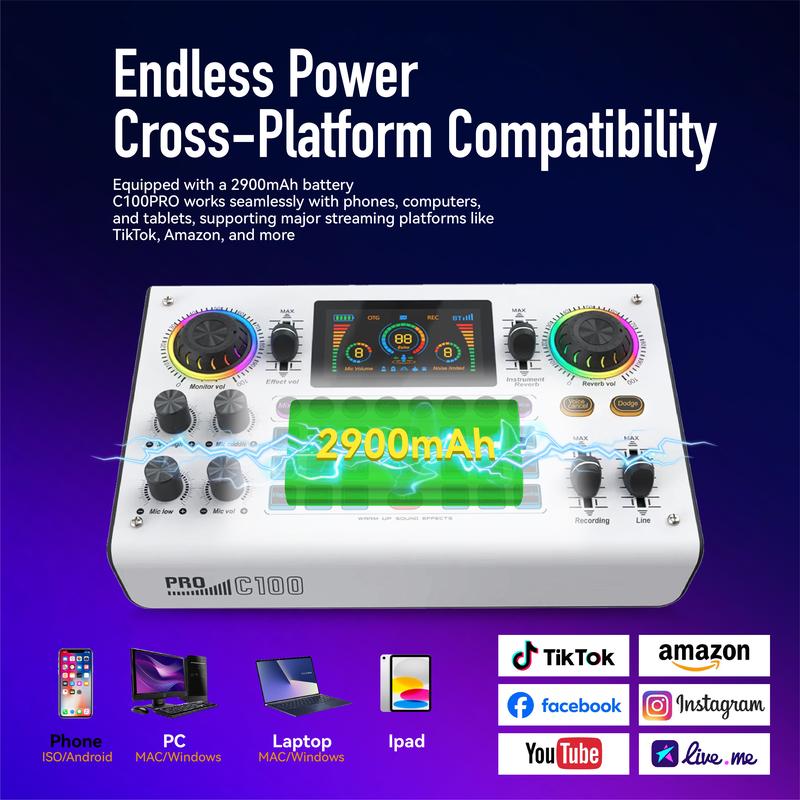 Product Introduction of HiCall C100PRO-P15 Live Audio Mixer. 48V Digital Sound Card. Dual DSP Chips. High Sampling Rate. Custom Effects. Sing Along. Instrument Reverb. Digital Display. Mute. RGB Light .FathersDayGift 5