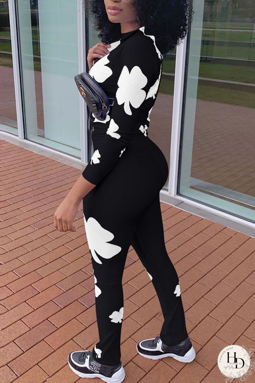 White Casual Print O Neck Long Sleeve Two Pieces