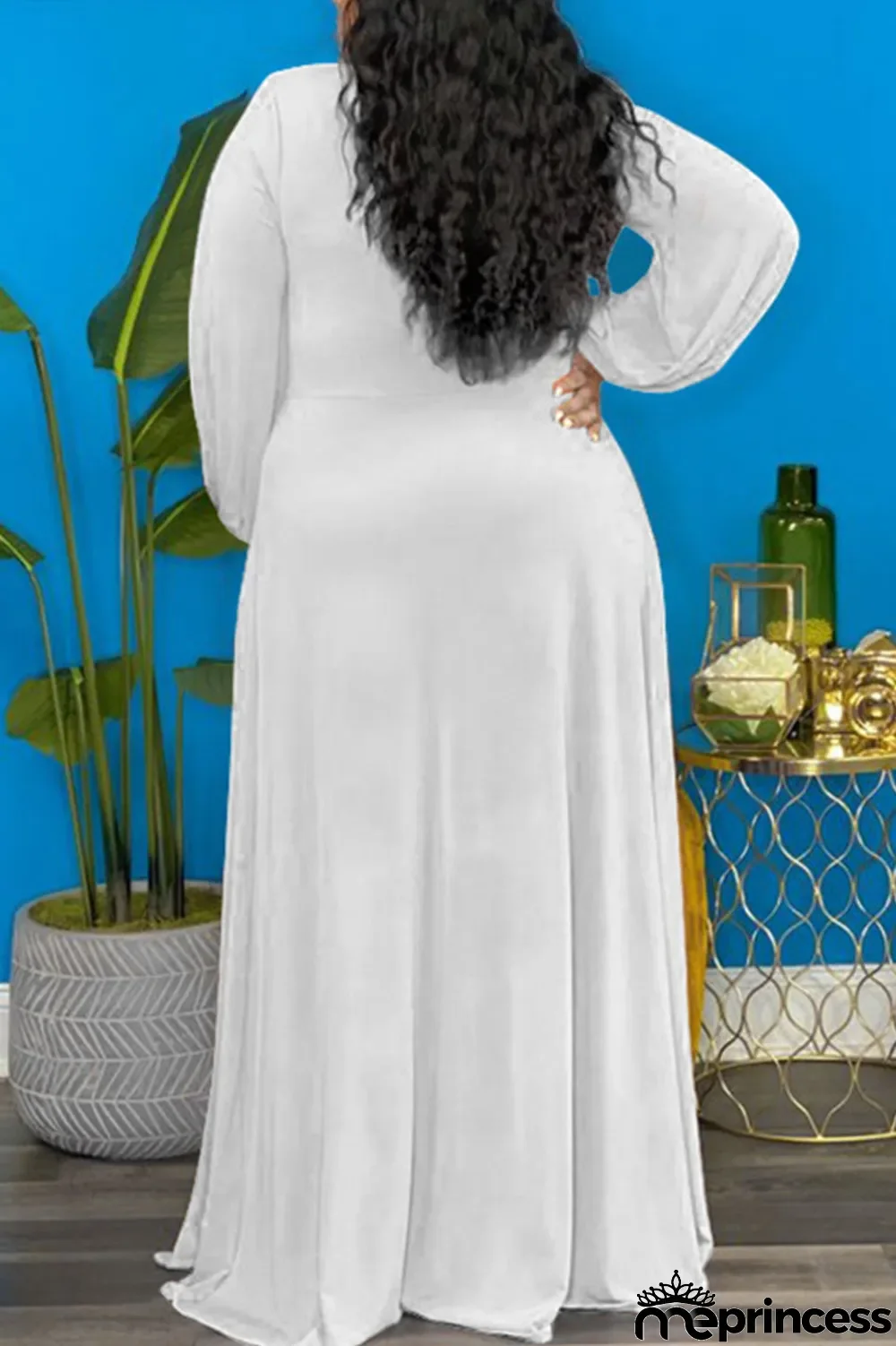 Deep Blue Elegant Solid Split Joint Frenulum High Opening V Neck Long Sleeve Plus Size Dresses