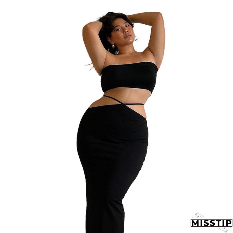 Summer Africa Plus Size Women Strapless Top and Lace Up Skirt Two-piece Set