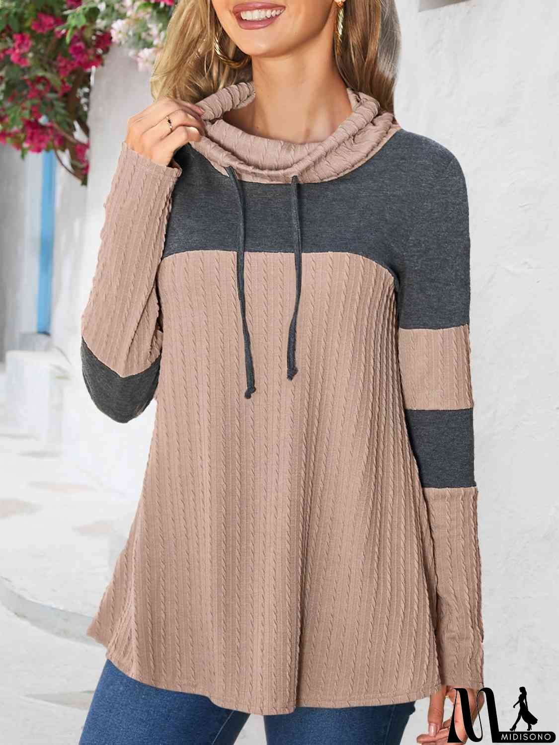 MidiSono - Contrast Drawstring Long Sleeve Top