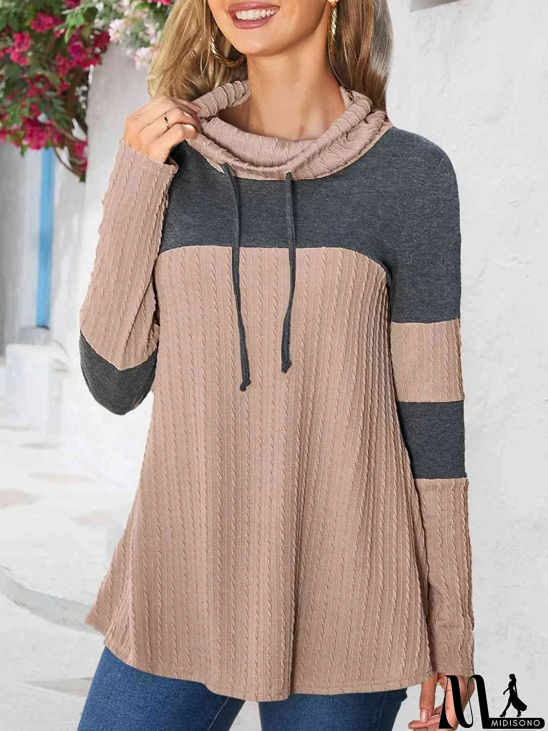 MidiSono - Contrast Drawstring Long Sleeve Top
