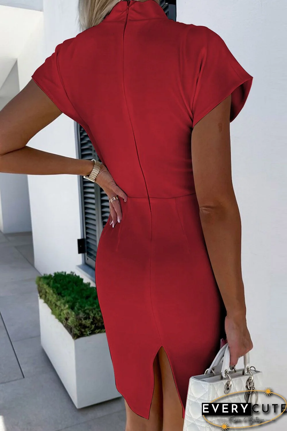 Red Short Sleeve Deep V-Neck Split Bodycon Dress