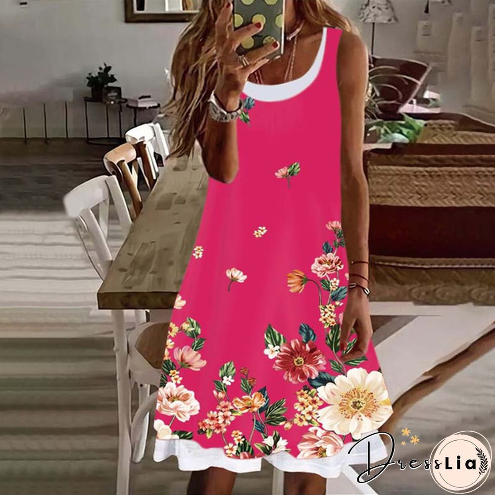 Women's Dress Summer New Fashion Women's Flowers Fake Two Pieces Printed Sleeveless Casual Soft and Comfortable Plus Size Dress S-5XL