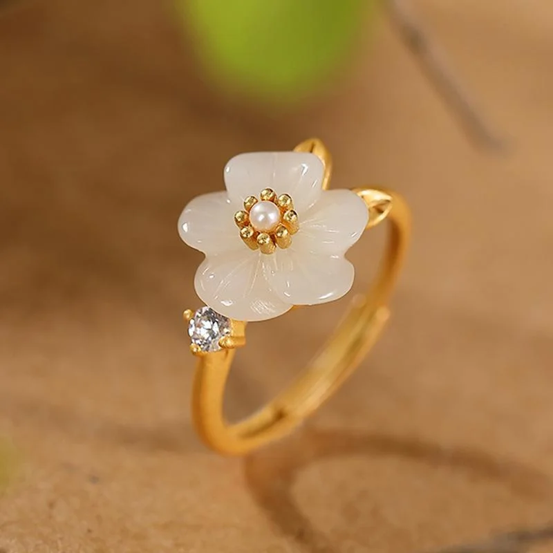 Plum Blossom Hetian Jade and Pearl Ring - S925 Gold-Plated Sterling Silver, Vintage Chinese Style, Women's Adjustable Open Band Jade Ring