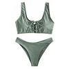 ZAFUL Scoop Lace Up Bikini Swimwear Solid Color Swimsuit Padded Wire Free Swimming Wear Bathing Suit Bikini Set Biquini