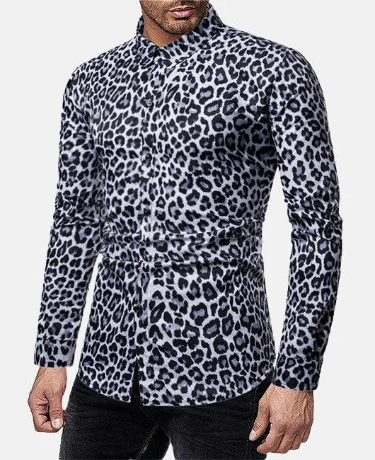 Turndown Collar Leopard Pattern Long Sleeve Shirt Okaywear