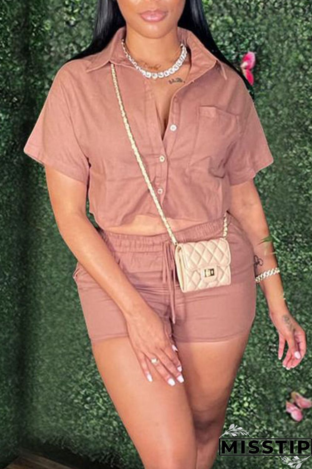 Cyan Casual Solid Patchwork Buckle Turndown Collar Short Sleeve Two Pieces