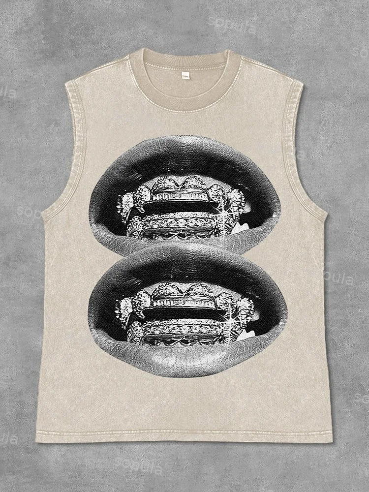 Unisex Lip Graphic Print Casual Acid Washed Sleeveless Tank Top