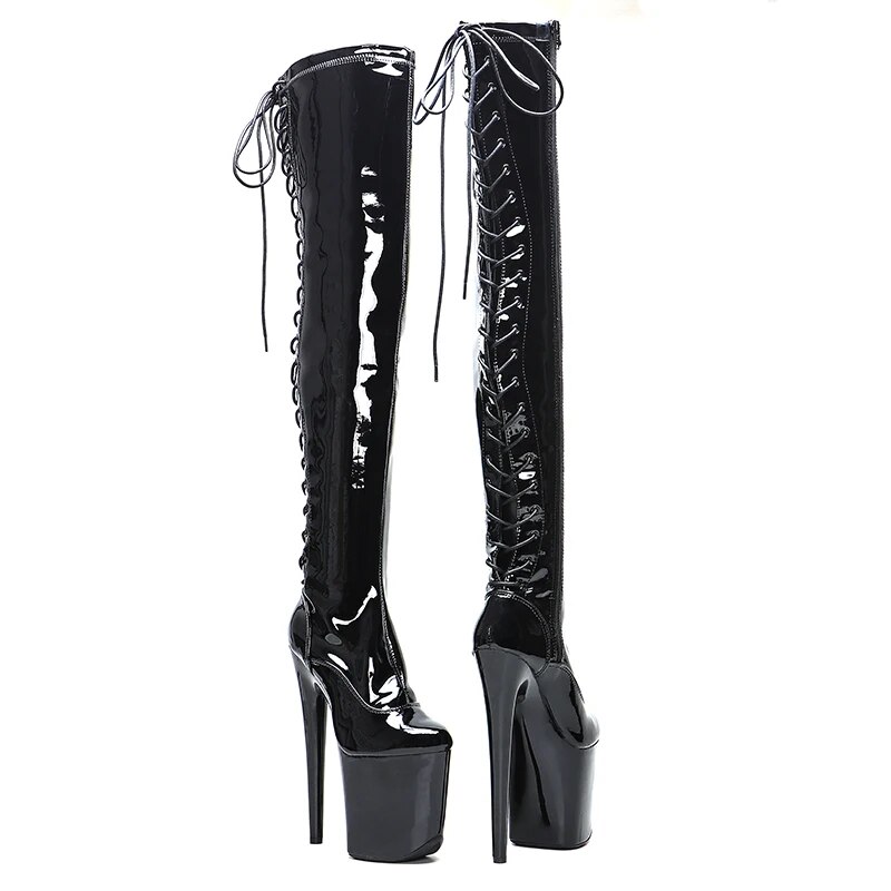 VCshoes 20cm/8inches Patent Upper Extreme High Heels Platform Boots Lace Up Pole Dancing Thigh High Boots 5K