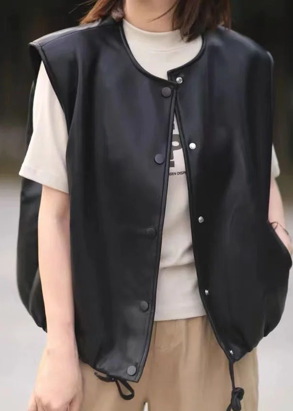 New Black O-Neck Drawstring Faux Leather Vest Sleeveless