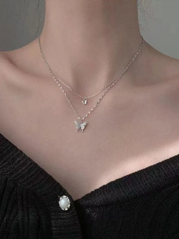 Brownm Rhinestone Butterfly Pendant Double Layered Necklace