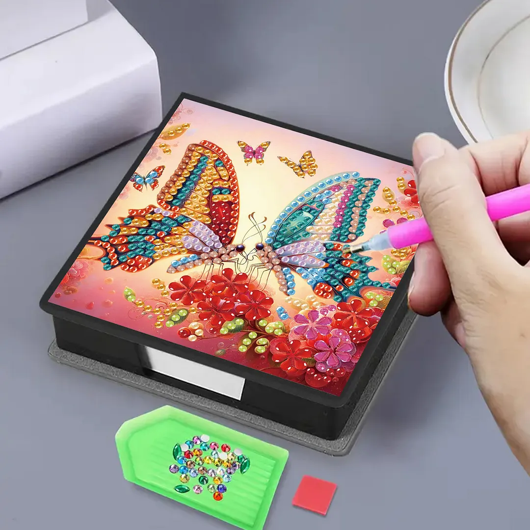 Two Butterflies PU DIY 5D Diamond Painting Note Box w/160 Sheets for Office Home