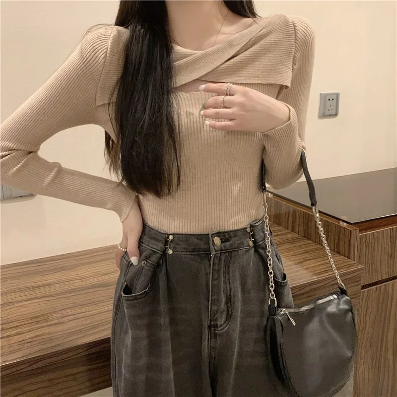 Mongw Mongw Collarbone Leisure Hollow Long-Sleeved Knitted Shirt Women Autumn New Slimming Elastic Inside The Bottom Of The Blouse Tide