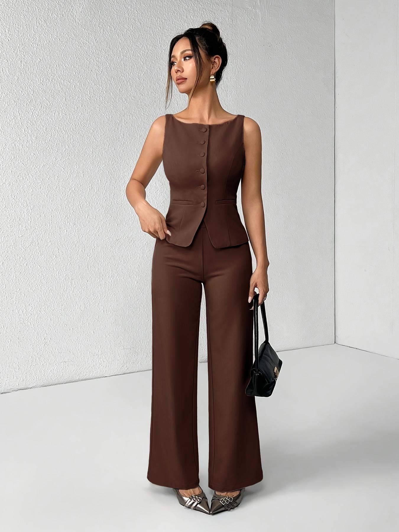 Women's Solid Button Front Sleeveless Tank Top & Wide Leg Pants Set, Casual Elegant Chic Minimalist Fashion Two-piece Set for Summer, Women's Clothing for Daily Wear, Suits, Office Siren Outfits, Casual Matching Set, Corporate Outfits Women